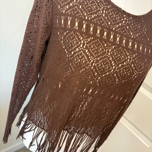 Mixit Womens Brown Crochet Knit Fringe Hem Top Long Sleeve Boho Festival Medium - Picture 2 of 4